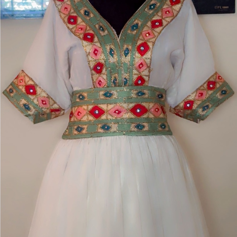 Elegant White and Green Embroidered Dress